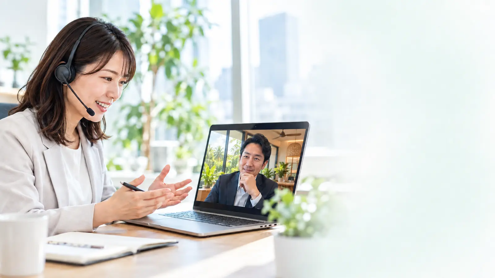 海外駐在員とWeb会議を行う日本人営業スタッフ