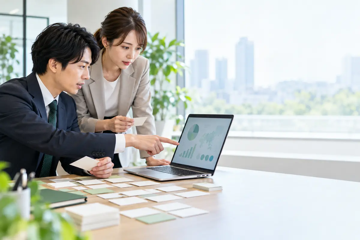 ターゲット企業を調査する日本人営業チーム